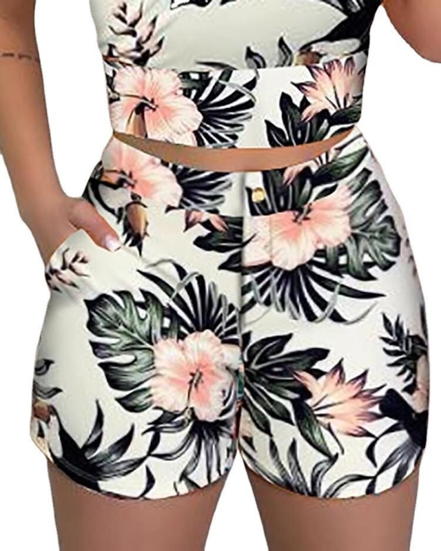 Women'S Hot Shorts Printed Blouse Set Summer 2 Piece Outfit With Wool Fabric
