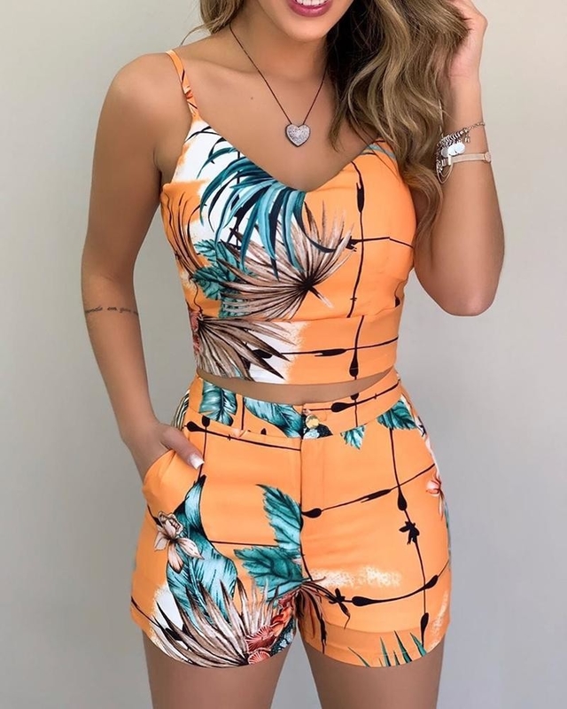 Women'S Hot Shorts Printed Blouse Set Summer 2 Piece Outfit With Wool Fabric