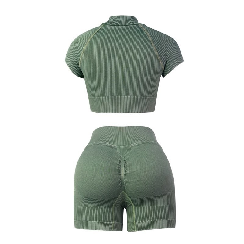 Notched Collar Women Yoga Set Sports Clothing Tights Sportswear Workout Clothes Gym Shorts Suit