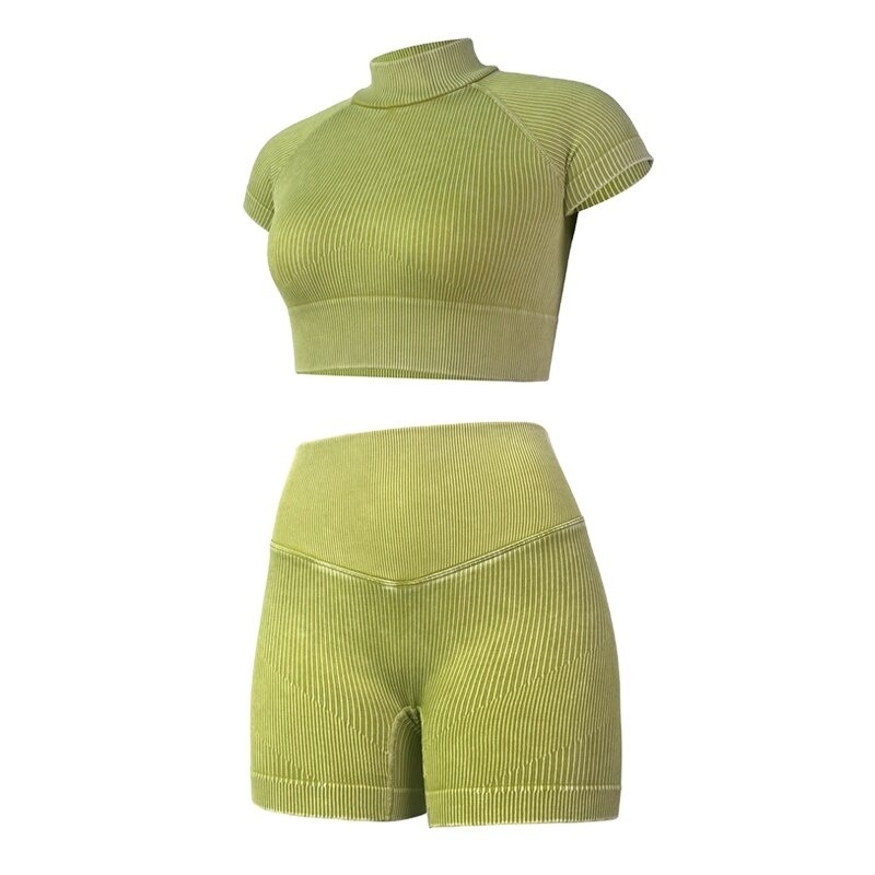 Notched Collar Women Yoga Set Sports Clothing Tights Sportswear Workout Clothes Gym Shorts Suit