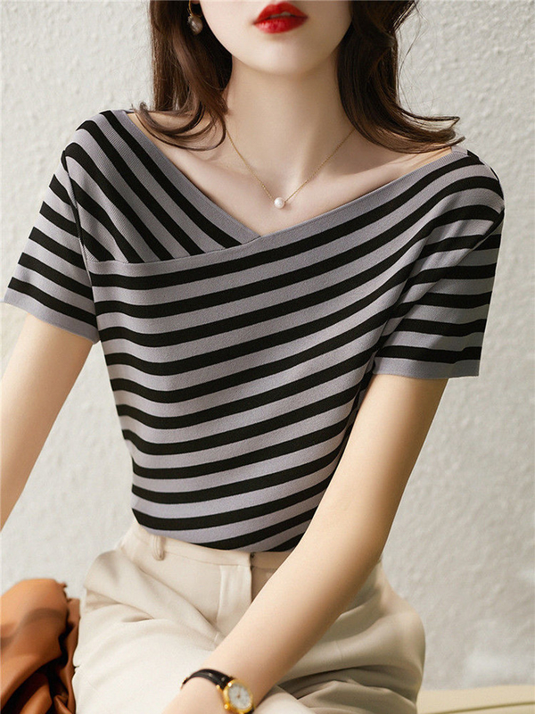 Fashion Striped Knitted Tshirt V Neck Casual Tee Shirt for Women's Occasion
