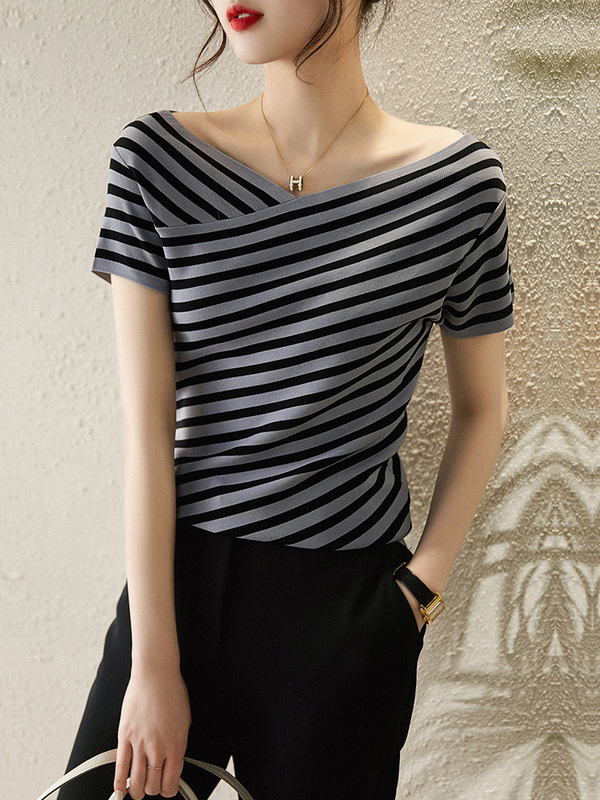 Fashion Striped Knitted Tshirt V Neck Casual Tee Shirt for Women's Occasion